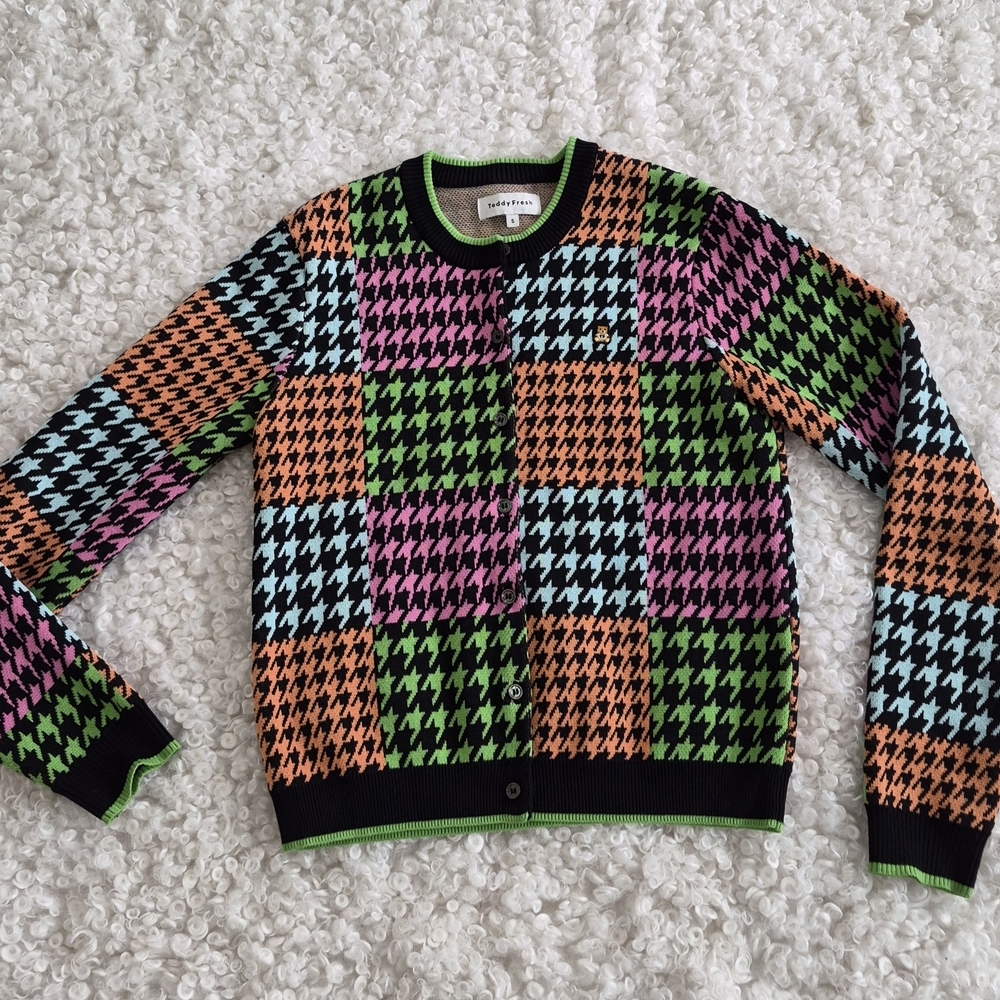 Teddy Fresh Houndstooth Colorblock Cardigan S 100% Cotton Neon Graphic Unisex - Picture 2 of 9